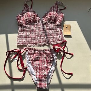 Samiol Women’s Medium Red Plaid Ruched Tankini Set New